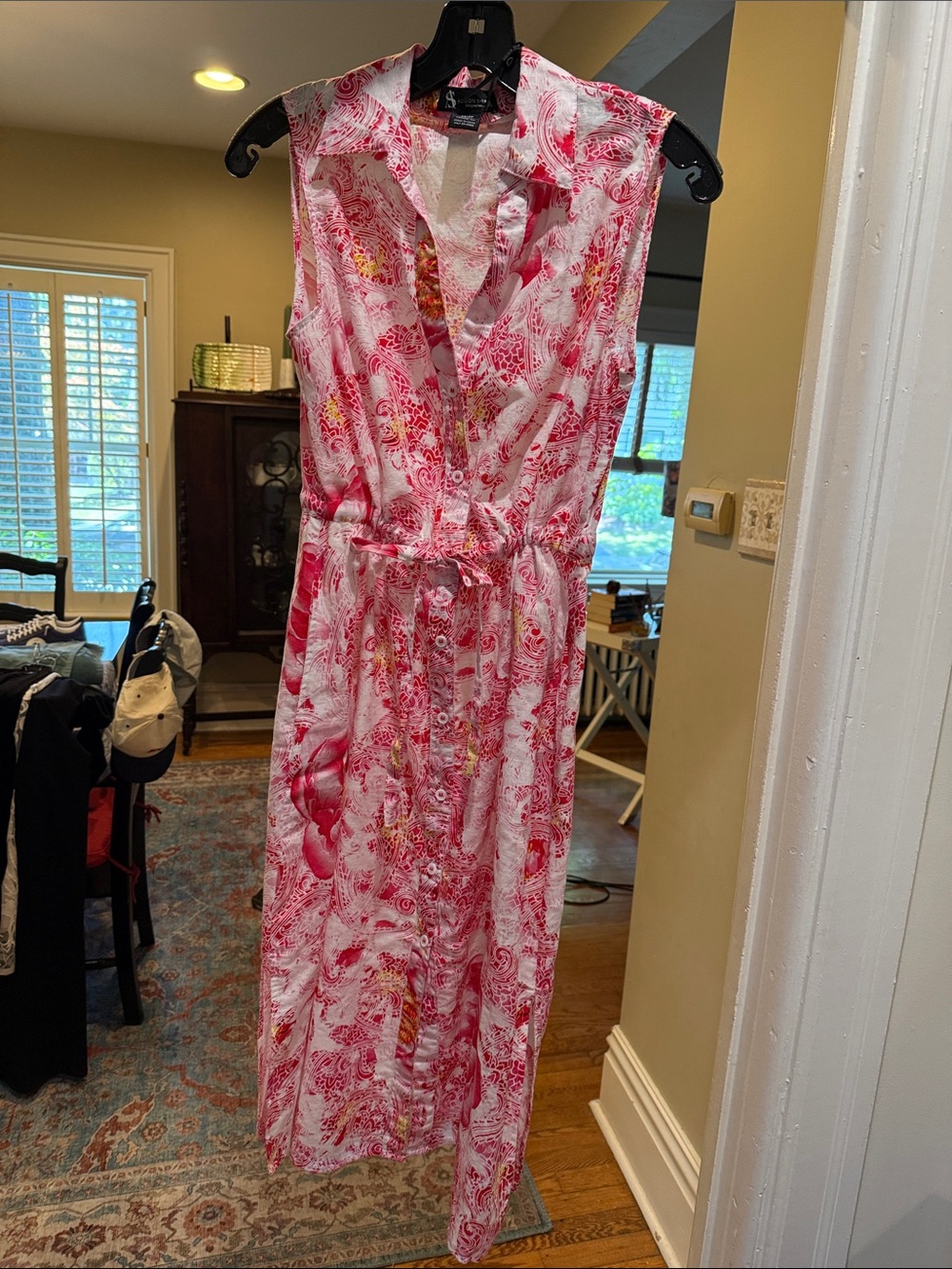 Sleeveless Pink Patterned Maxi Dress with Tie Waist